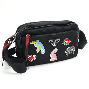 PRADA Shoulder Bag 1BC167 Black Nylon Leather Metal Applique Animal Heart Ladies