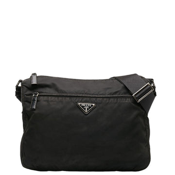 PRADA Triangle Plate Shoulder Bag Black Nylon Women's