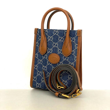GUCCI Handbag Interlocking G 671623 Denim Brown Blue Women's