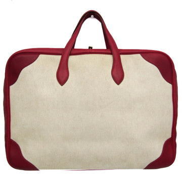 HERMES Victoria 50 Men,Women Toile H,Taurillon Clemence Leather Boston Bag Natural,Red Color