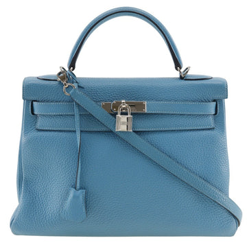 HERMES Kelly 32 Handbag, Inner Stitching, Taurillon Clemence, Turquoise, 2014, R, 2way, A5, Belt Clasp, 32, Women's, I131824032