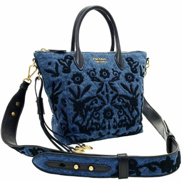 PRADA Bag Corsaire Denim Embroidery Tote Canvas Leather Blue  Flower Shoulder Crossbody Handbag Backpack SHS-12987