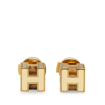 HERMES Cage d'Ache H Cube Earrings Gold Ivory Plated Women's