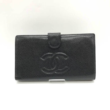 CHANEL Caviar Skin Leather Bi-fold Long Wallet Black