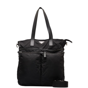 PRADA Triangle Plate Tote Bag Shoulder Black Nylon Leather Women's