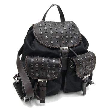 PRADA Backpack Black Dark Brown Nylon Leather Studs Women's