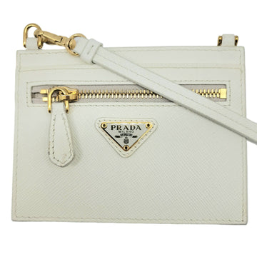 PRADA Card Case Business Holder Shoulder White 1TL406 Key with Strap Leather Saffiano Gold Accessories