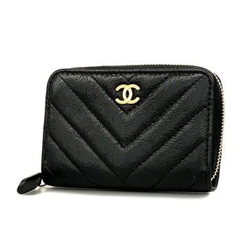 CHANEL Wallet/Coin Case V-Stitch Leather Black Women's