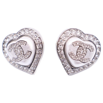 CHANEL 23B ABB632 Rhinestone Coco Mark Heart Pearl Earrings Silver Women's