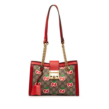GUCCI GG Supreme Apple Padlock Chain Shoulder Bag 498156 Beige Red PVC Leather Women's