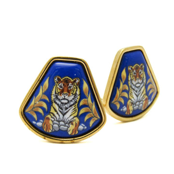HERMES Cage D'h Enamel Tiger Cloisonne/enamel,Metal Clip Earrings Blue,Gold