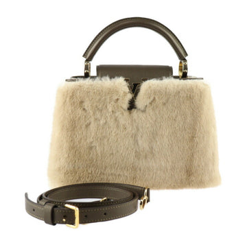 LOUIS VUITTON Capucines BB Handbag Leather Mink Fur Olive Beige Shoulder Bag