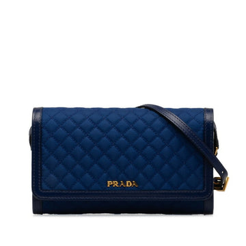 PRADA quilted shoulder wallet long 1MT437 blue nylon leather women's