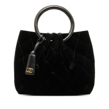 CHANEL Matelasse Circle Handle Handbag Black Velour Leather Women's