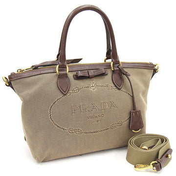 PRADA Handbag 1BA104 Beige Brown Jacquard Canvas Leather Shoulder Bag Ribbon Women's