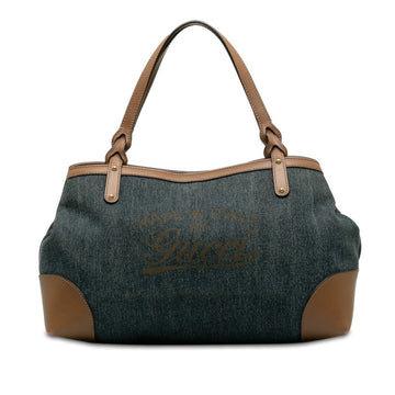 GUCCI Craft Denim Tote Handbag 348715 Blue Mocha Brown Leather Women's