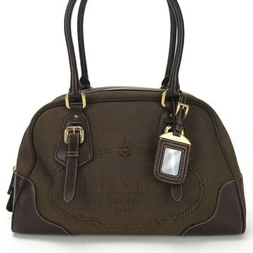 PRADA BL0304 Handbag Leather Jacquard Brown Name Tag Plate Ladies Hand Bag leather canvas dark brown Logo Bruciato Mor