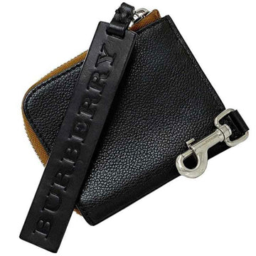 BURBERRY L-shaped coin case black brown wallet purse leather  pull compact men's