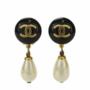 CHANEL Earrings Coco Mark 95A Black Gold Fake Pearl Swing Plated Accessories Women's black