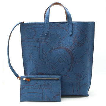 HERMES Karimi GM Tote Bag Large Handbag Felt Leather Blue Brown L Stamp Sold Item