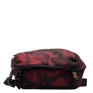 PRADA Camouflage Triangle Plate Shoulder Bag Red Black Nylon Women's