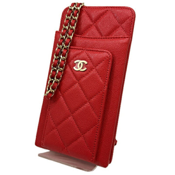 CHANEL Smartphone Case Chain Shoulder Caviar Skin Red Bag for Women