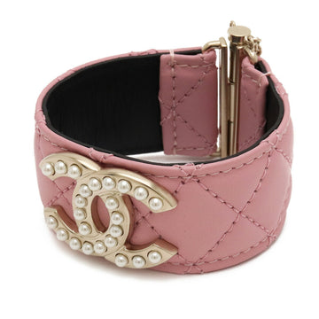 CHANEL Cocomark Bracelet Bangle Leather Fake Pearl GP Pink #S B18P