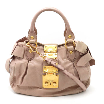 MIU MIU Miu Side Ribbon Handbag Shoulder Bag Leather Pink Beige RN0686