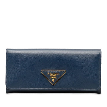 PRADA Triangle Plate Saffiano Long Wallet 1M1132 Blue Leather Women's