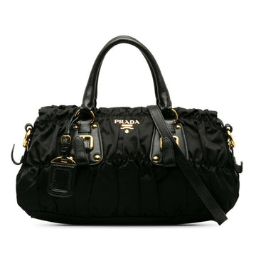 PRADA Gathered Handbag Shoulder Bag BN1407 Black Nylon Leather Women's