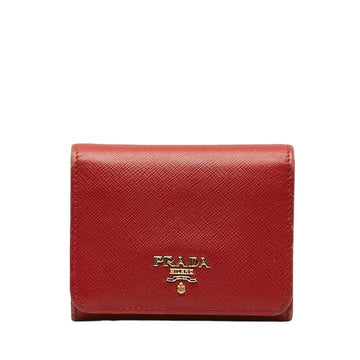 PRADA Saffiano Trifold Wallet Red Leather Women's