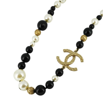 CHANEL Necklace Coco Mark Fake Pearl Gold Black White A16B Women's