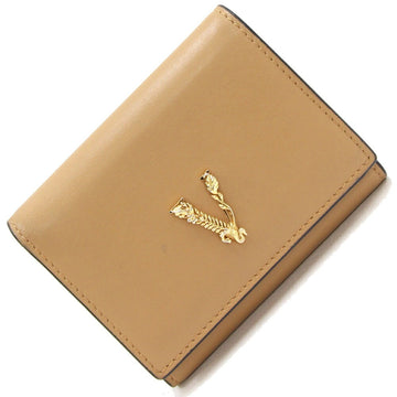 VERSACE Tri-fold Wallet Beige Leather V Compact Women's