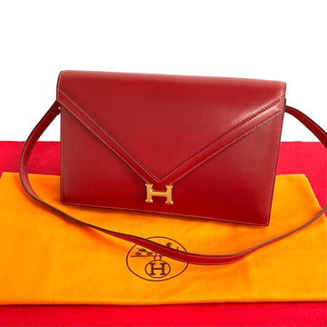 HERMES ○P engraved  Liddy box calf leather chain shoulder bag pochette sacoche red 86063