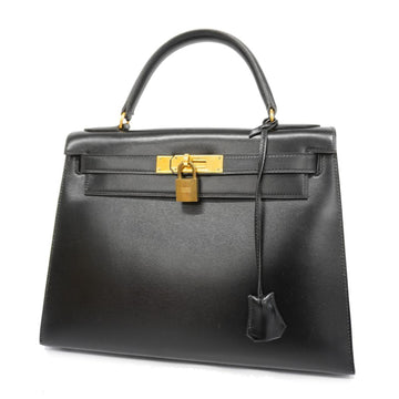 HERMES Handbag Kelly 28 〇K Engraved Box Calf Black Ladies