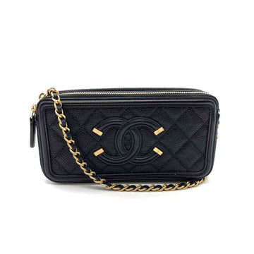 CHANEL Wallet CC Filigree Chain Black Long Pochette Shoulder Bag Clutch Crossbody 2way Women's Caviar Skin Leather A84450
