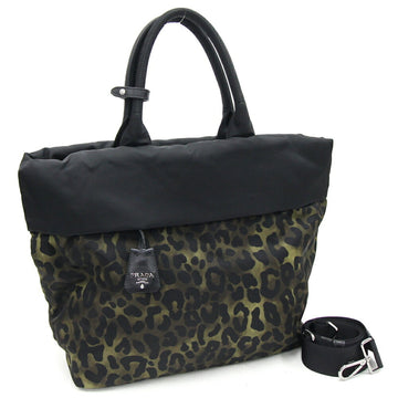 PRADA Tote Bag B4521V Black Khaki Nylon Leather Leopard Print Shoulder Ladies
