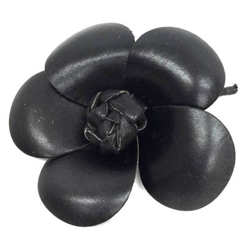 CHANEL Camellia Corsage Brooch Black Leather  Women's