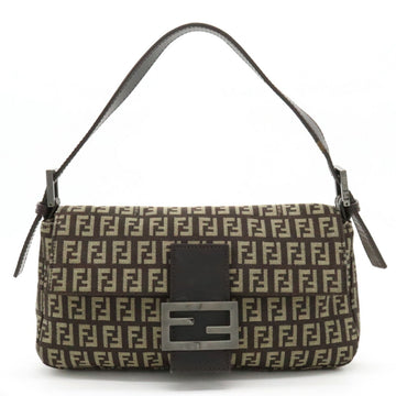 FENDI Zucchino Pattern Mamma Bucket Handbag Canvas Leather Dark Brown Beige 8BR000