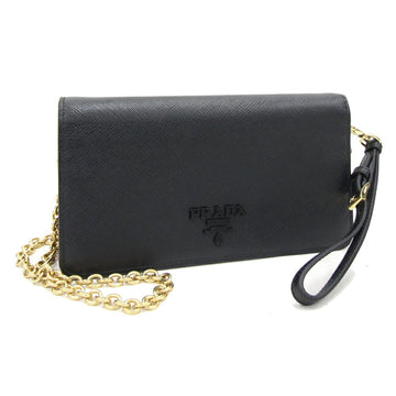 PRADA Shoulder Bag 1DH029 Black Leather Wallet Clutch Chain Pochette Small Women's