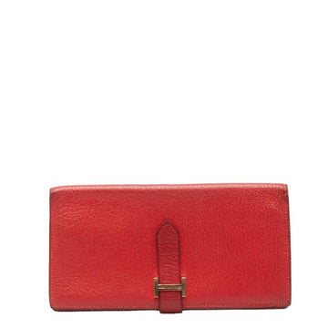 HERMES Bearn Soufflet Bi-fold Wallet Long Rouge Red Leather Women's