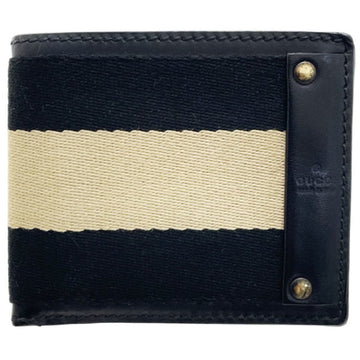 GUCCI Wallet Sherry Line Bifold Fabric Leather Black Beige 106662  Webbing Bicolor Studs Compact KK-13104