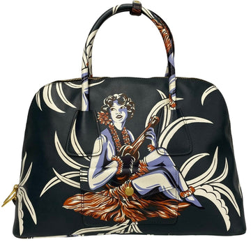 PRADA Hawaiian Print Saffiano Leather Handbag Boston Bag Green Orange 31486
