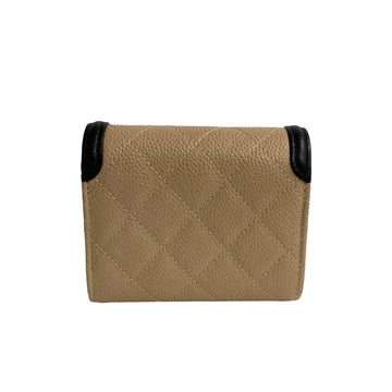 CHANEL Caviar Skin CC Filigree Matelasse Leather Coco Mark Bi-fold Wallet Beige Black 07490