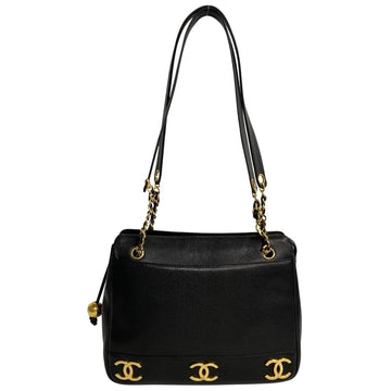 CHANEL Caviar Skin Triple Coco Leather Chain Handbag Tote Bag Black 65182