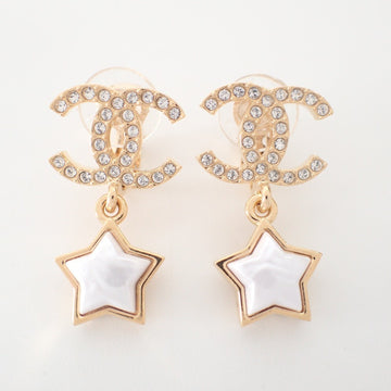 CHANEL ABC402 B24C Rhinestone Coco Mark x Pearl Star Earrings Yellow Gold Women's
