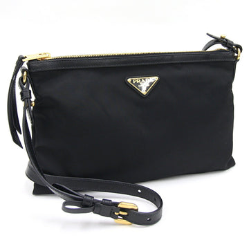 PRADA Shoulder Bag 1BH050 Black Nylon Leather No Gusset Triangle Ladies