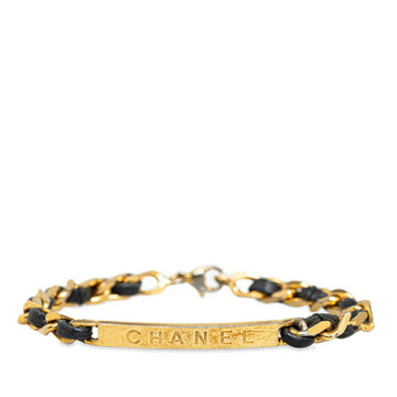 CHANEL Chain Bracelet Gold Black Plated Leather Women's