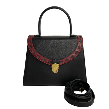 YVES SAINT LAURENT Metal Cutout Leather 2way Shoulder Bag Handbag Black 32897