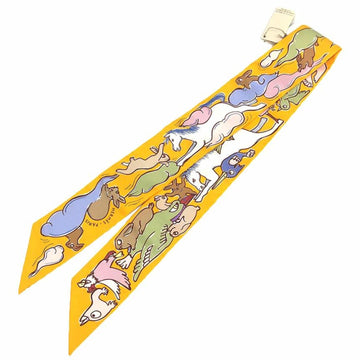 HERMES Twilly Scarf Muffler Thousand and One Rabbits Mille et Un Lapins 2023 H064007S 04 Bouton D'or/Parm/Beige 100% Silk